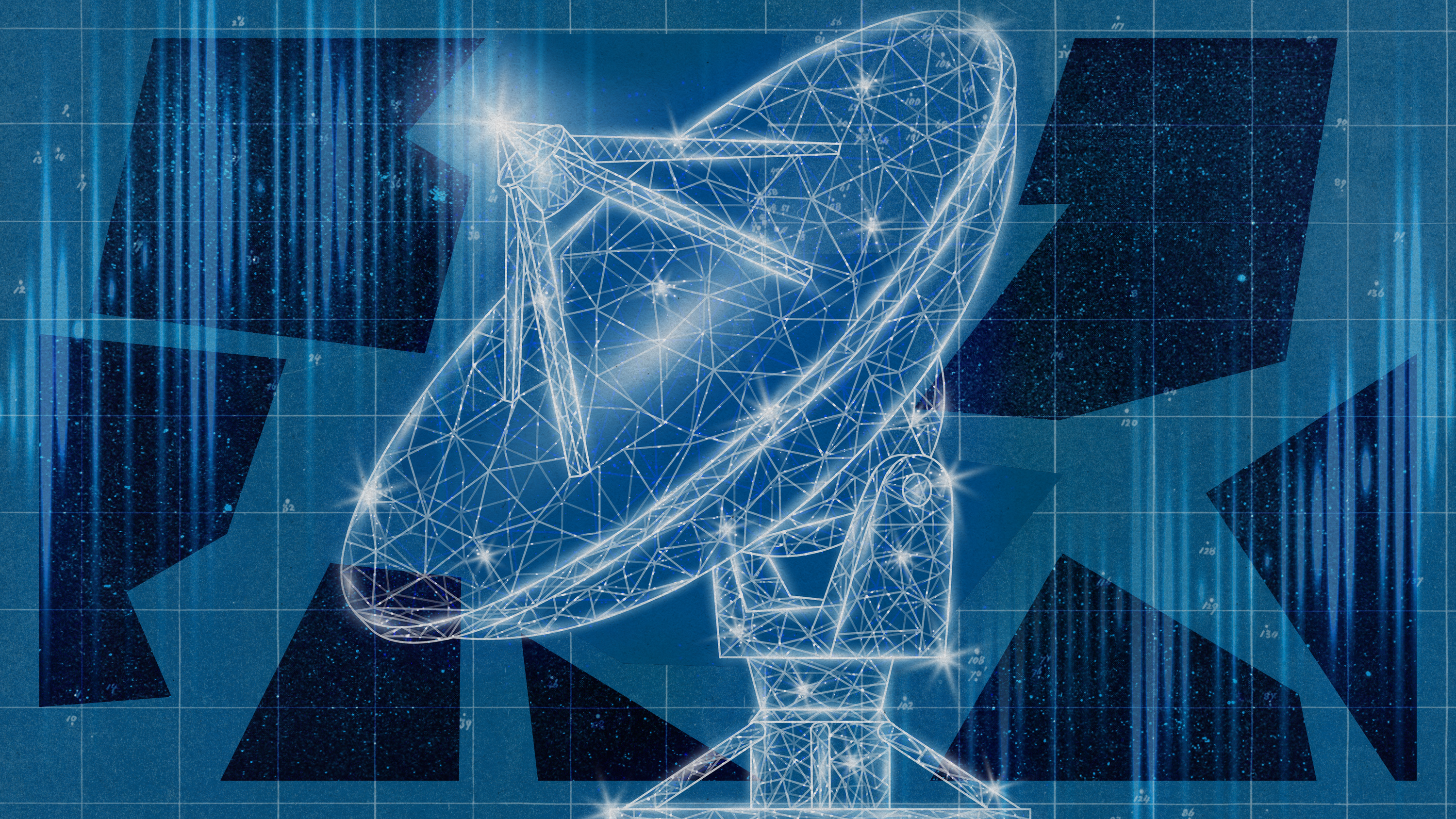 A photo illustration collage showing a radio telescope with a fragmented background of space and radio waves.