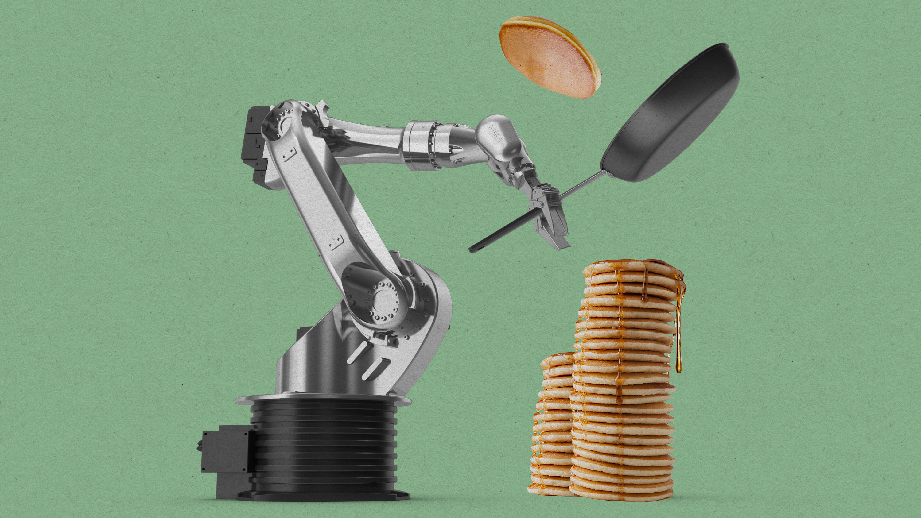 Photo illustration showing a robotic arm flipping pancakes