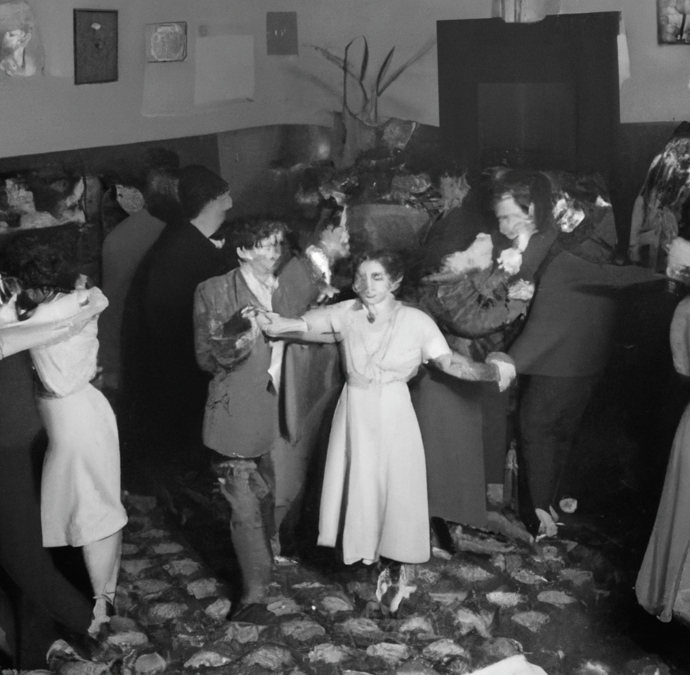 a generated black and white image of people dancing