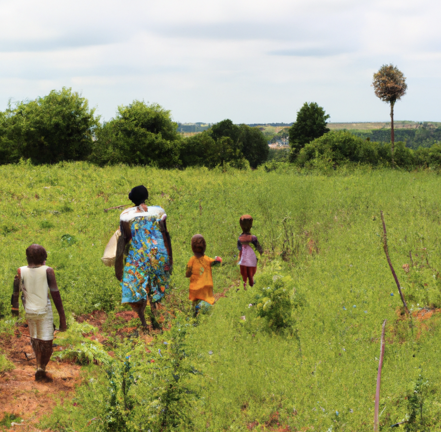 una imagen generada de una madre caminando por un sendero con tres hijos en un campo verde