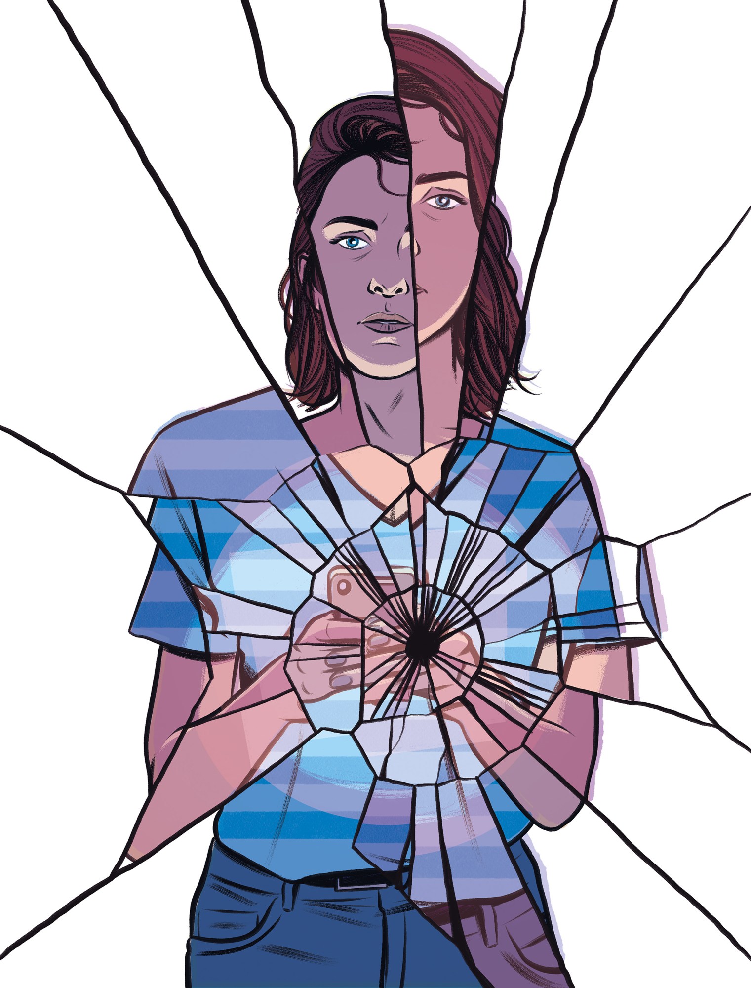 girl holding a cell phone seen in a cracked glass