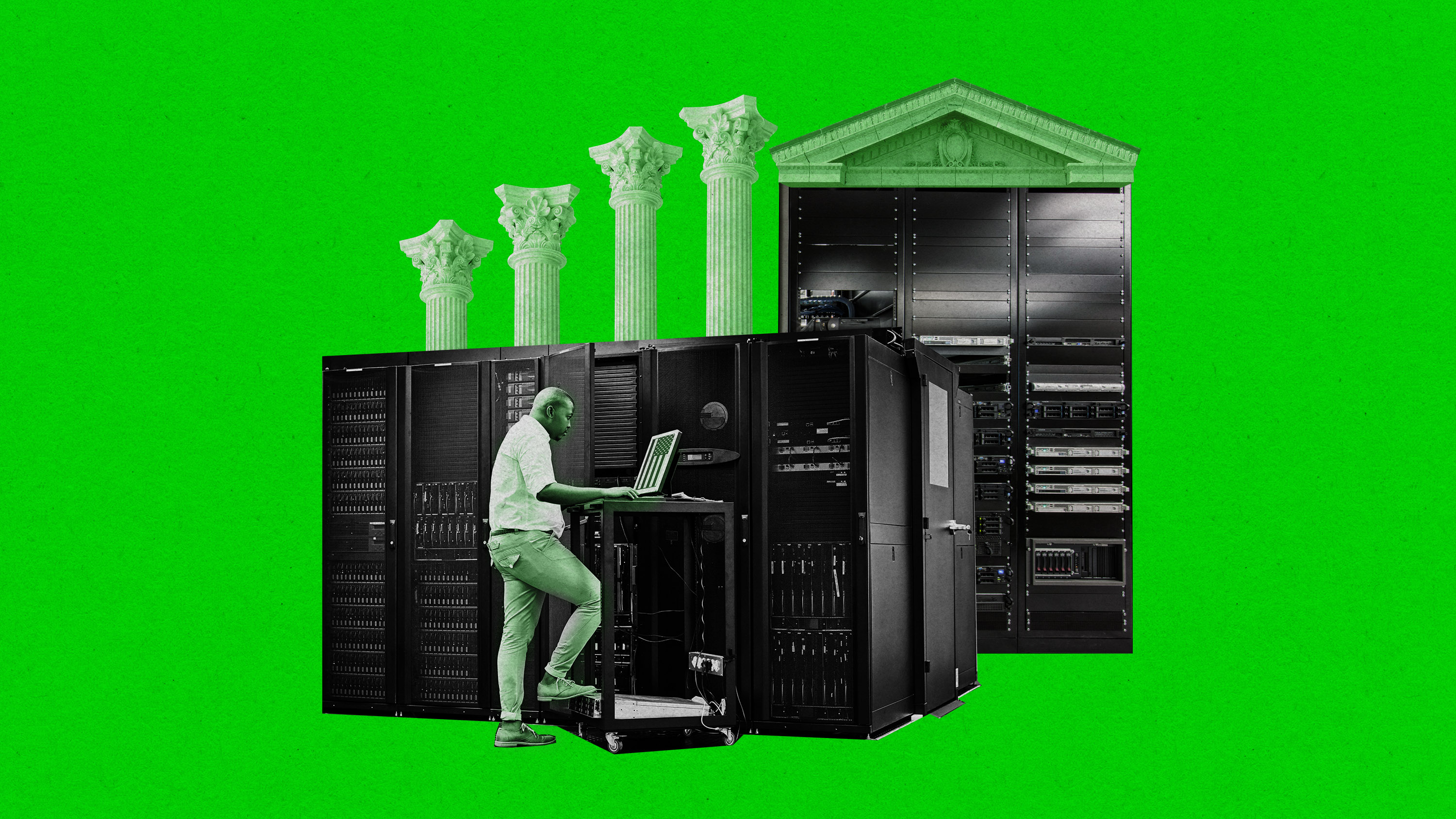 greek columns and pediment on server racks while a researcher looks at a laptop on a server cart.