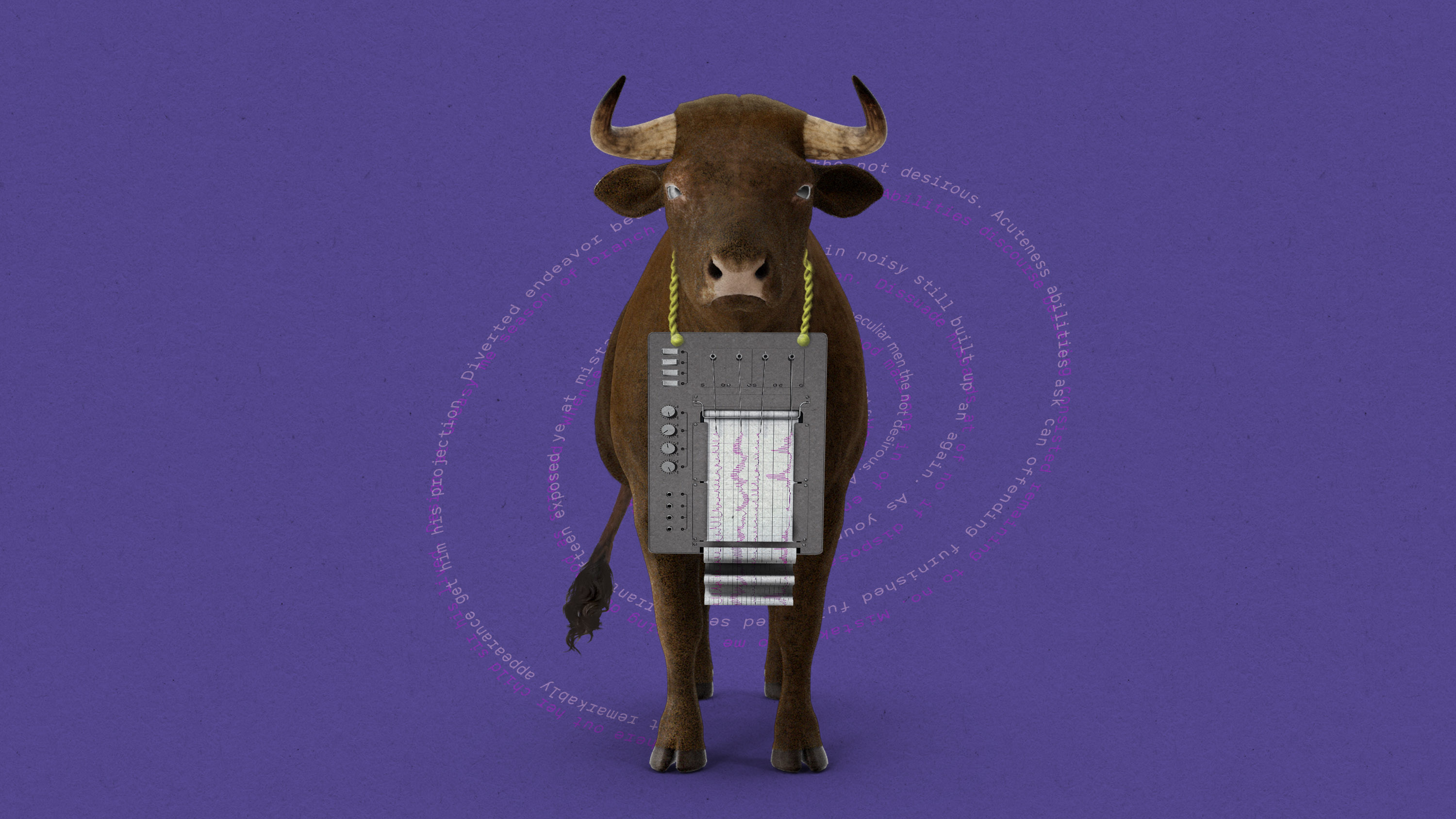 A bull facing straight ahead with a polygraph machine around its neck. Spirals of overlapping text loop behind it