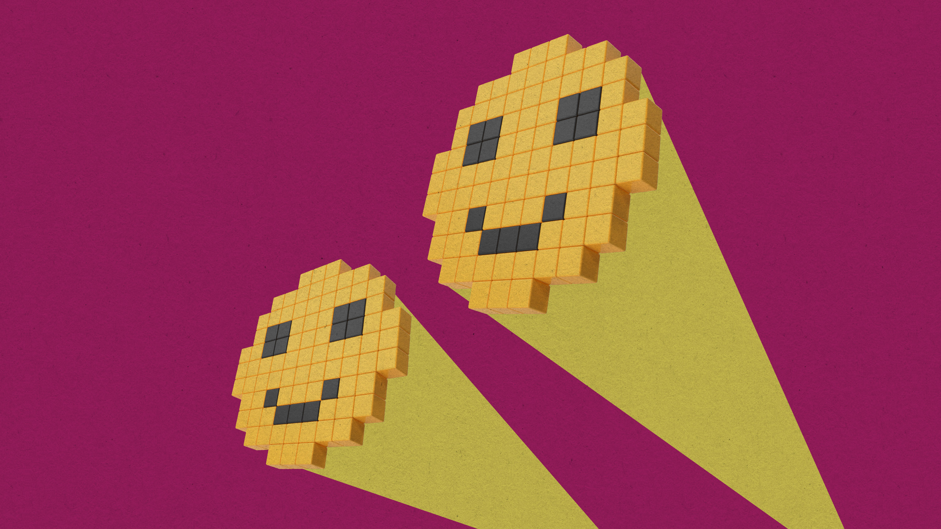 two smiley faces in a digital 8bit art style projecting from a spot outside the frame