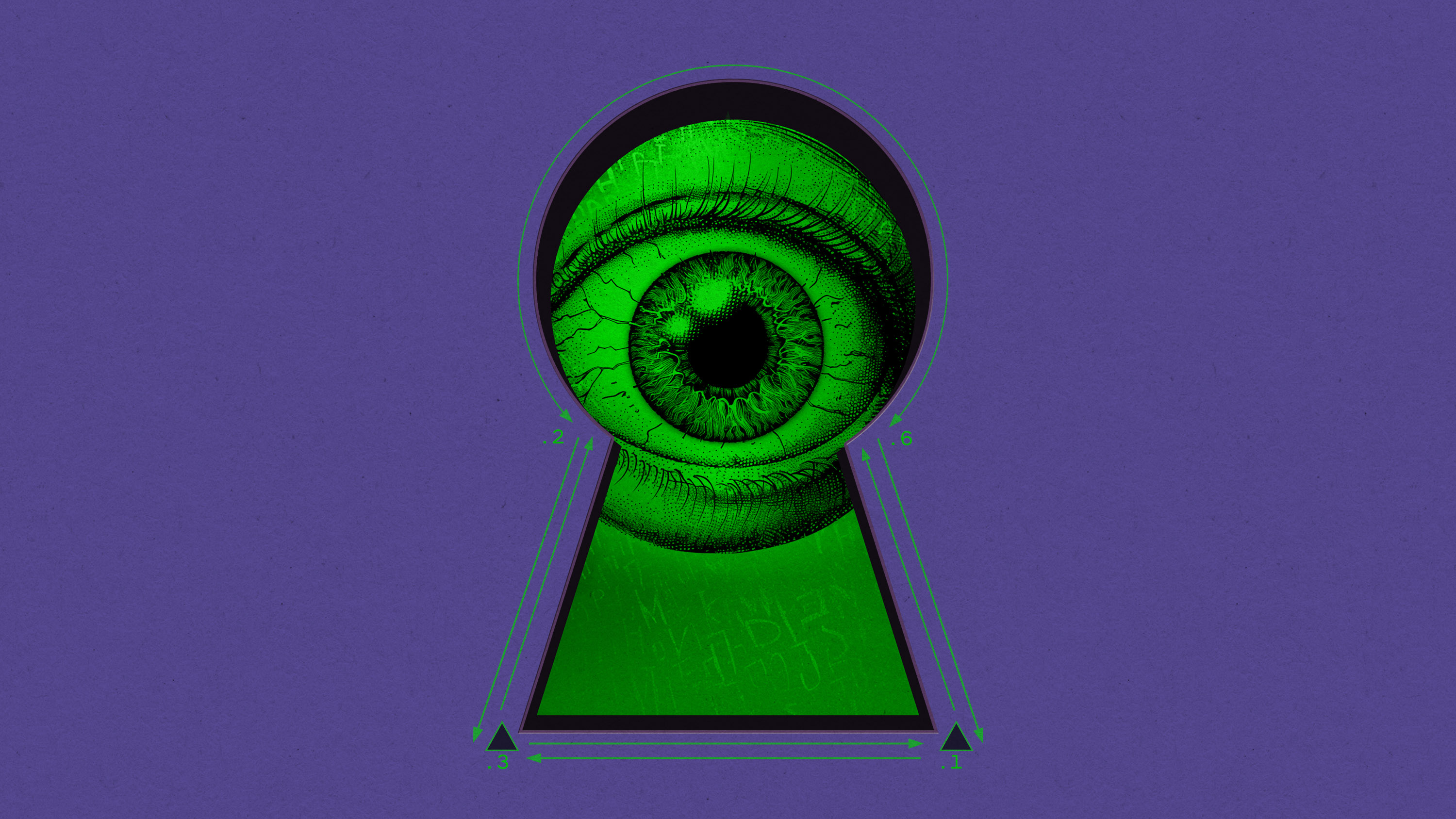 an eye looks through a keyhole ringed by Markov chain notations