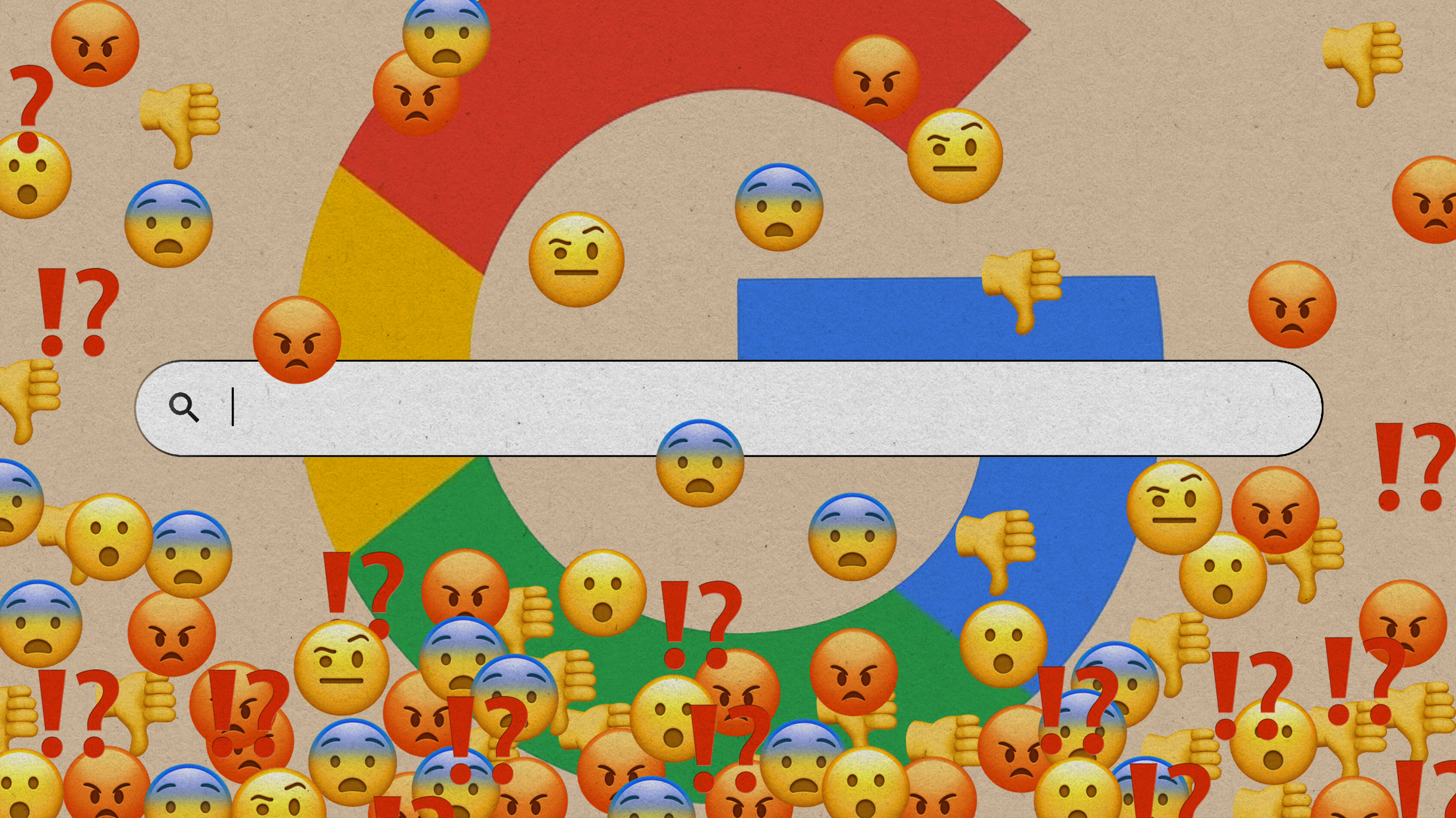Photo illustration showing the Google search engine flooded with angry, confused and dissatisfied emojis.