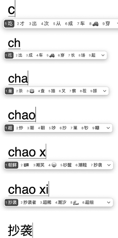 A series of screenshots of the Chinese Input Method Editor pop-up menu showing the process of typing (抄袭 / “plagiarism”).