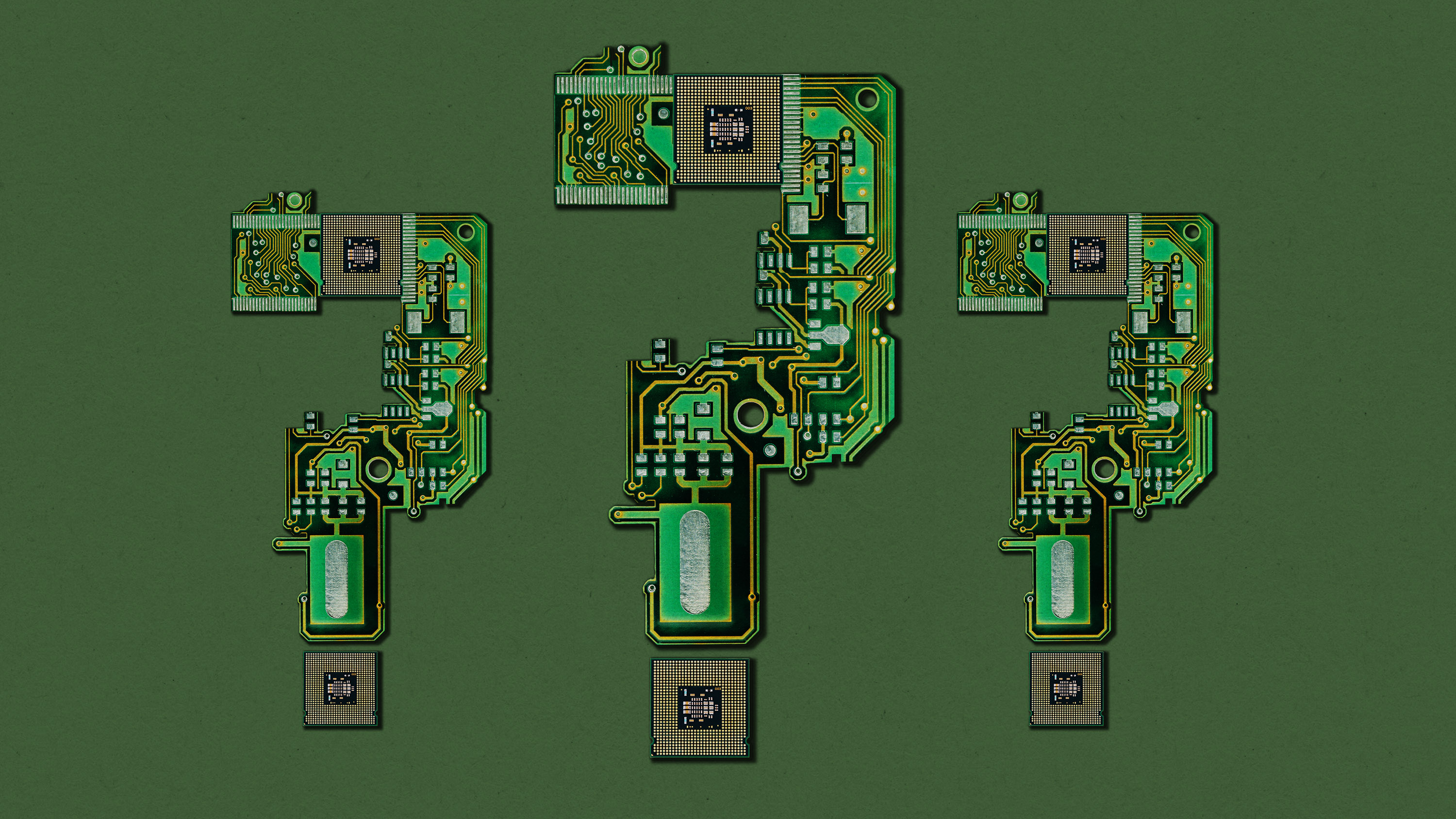 circuit boards and chips forming three question marks