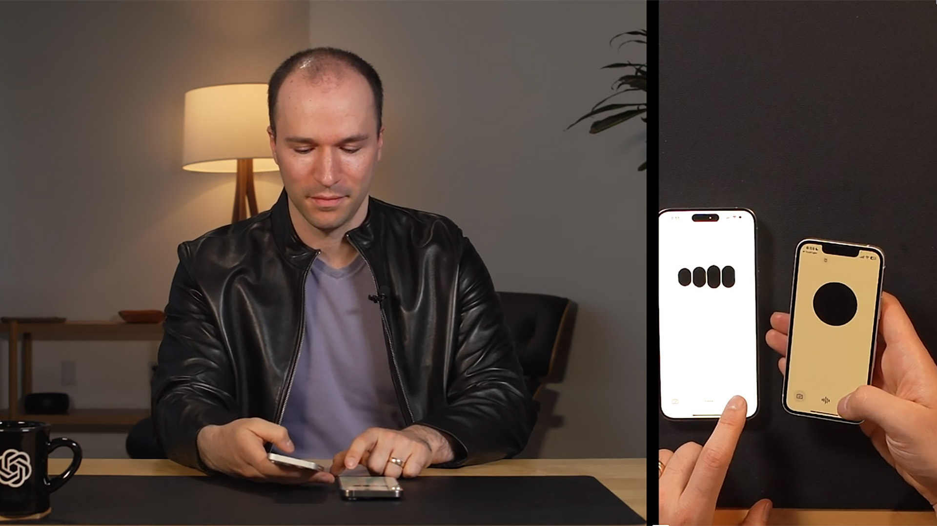 screenshot from video of Greg Brockman using two instances of GPT4o on two phones to collaborate with each other