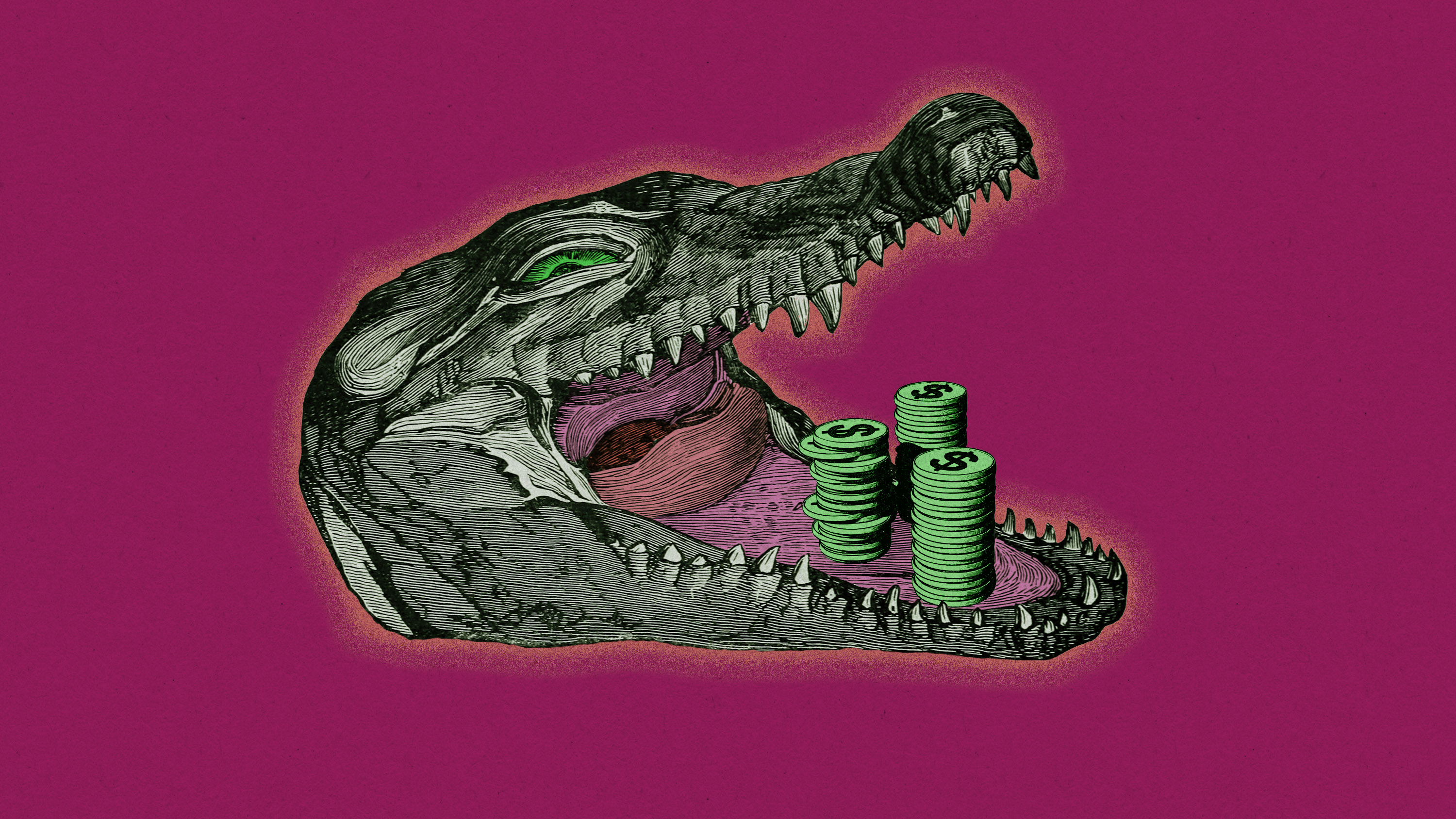 the head of a glowing crocodile with stacks of coins in its open mouth