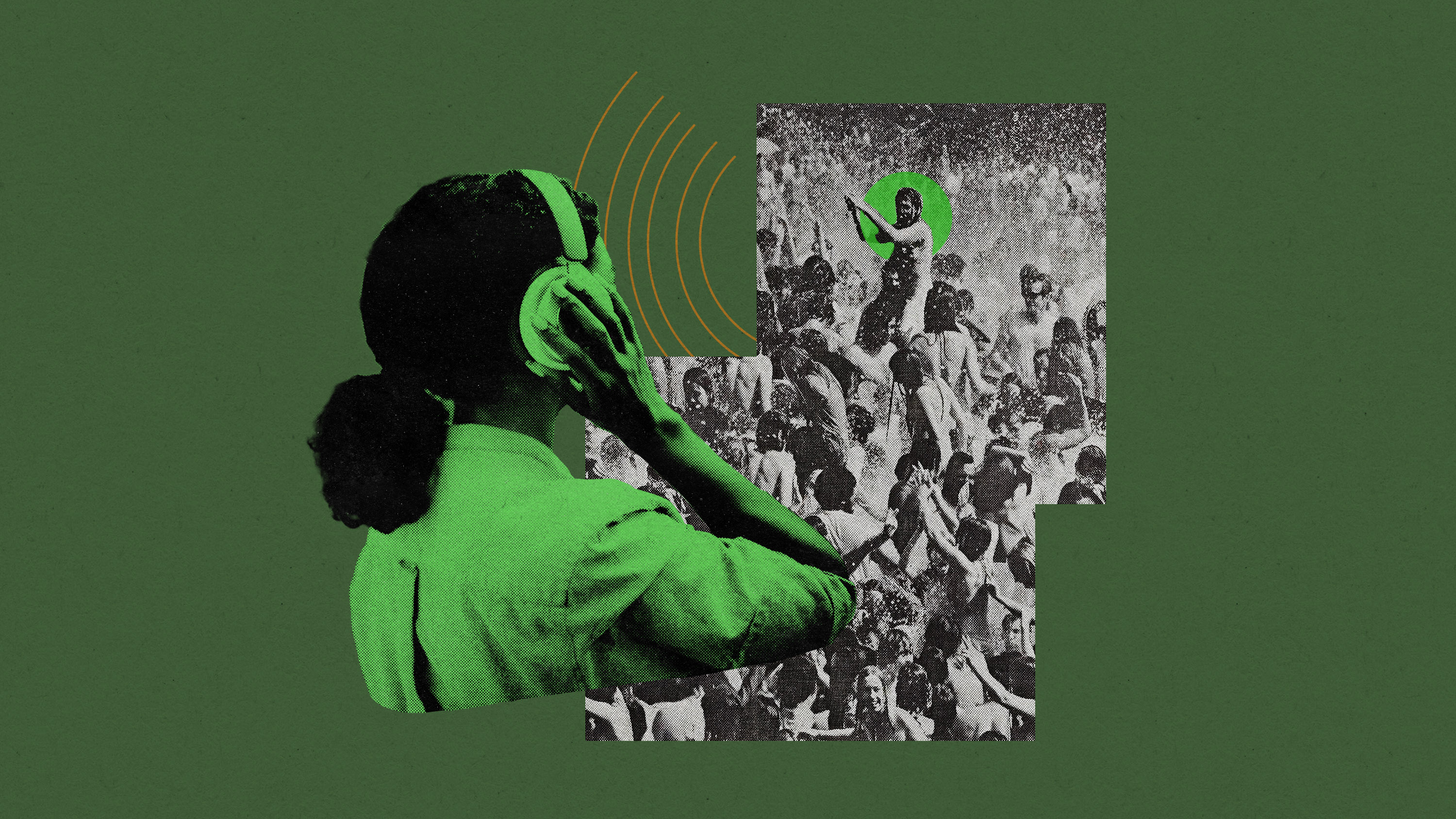 person in headphones perceives a person highlighted with a green circle across a crowd of people at Woodstock