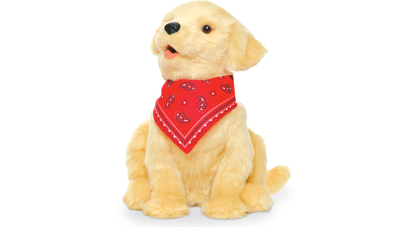 Золотой щенок-робот с красным шарфом