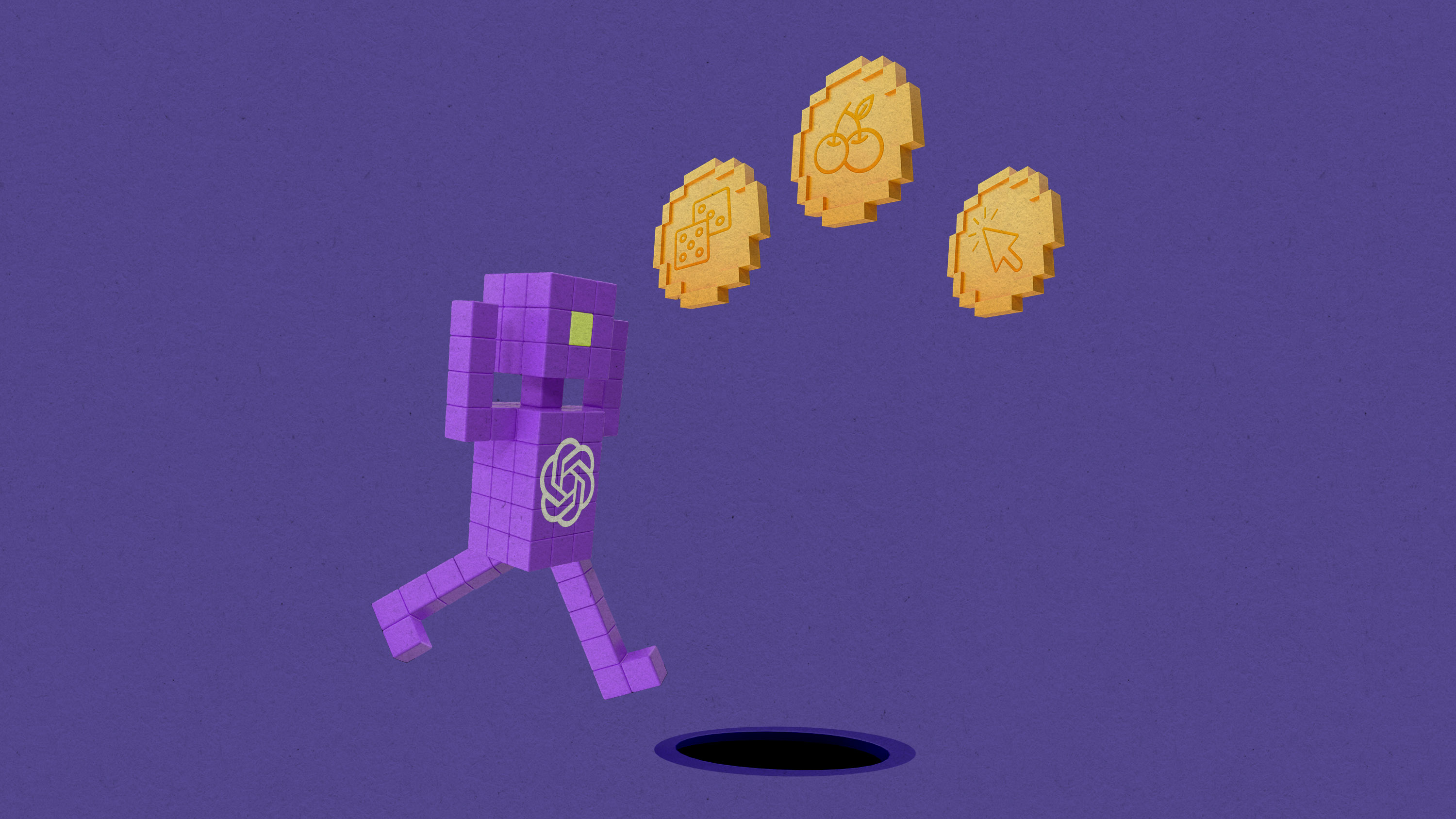 a voxel character with the OpenAI logi runs headlong toward tokens with dice, cherries and a cursor without noticing the hole open at its feet