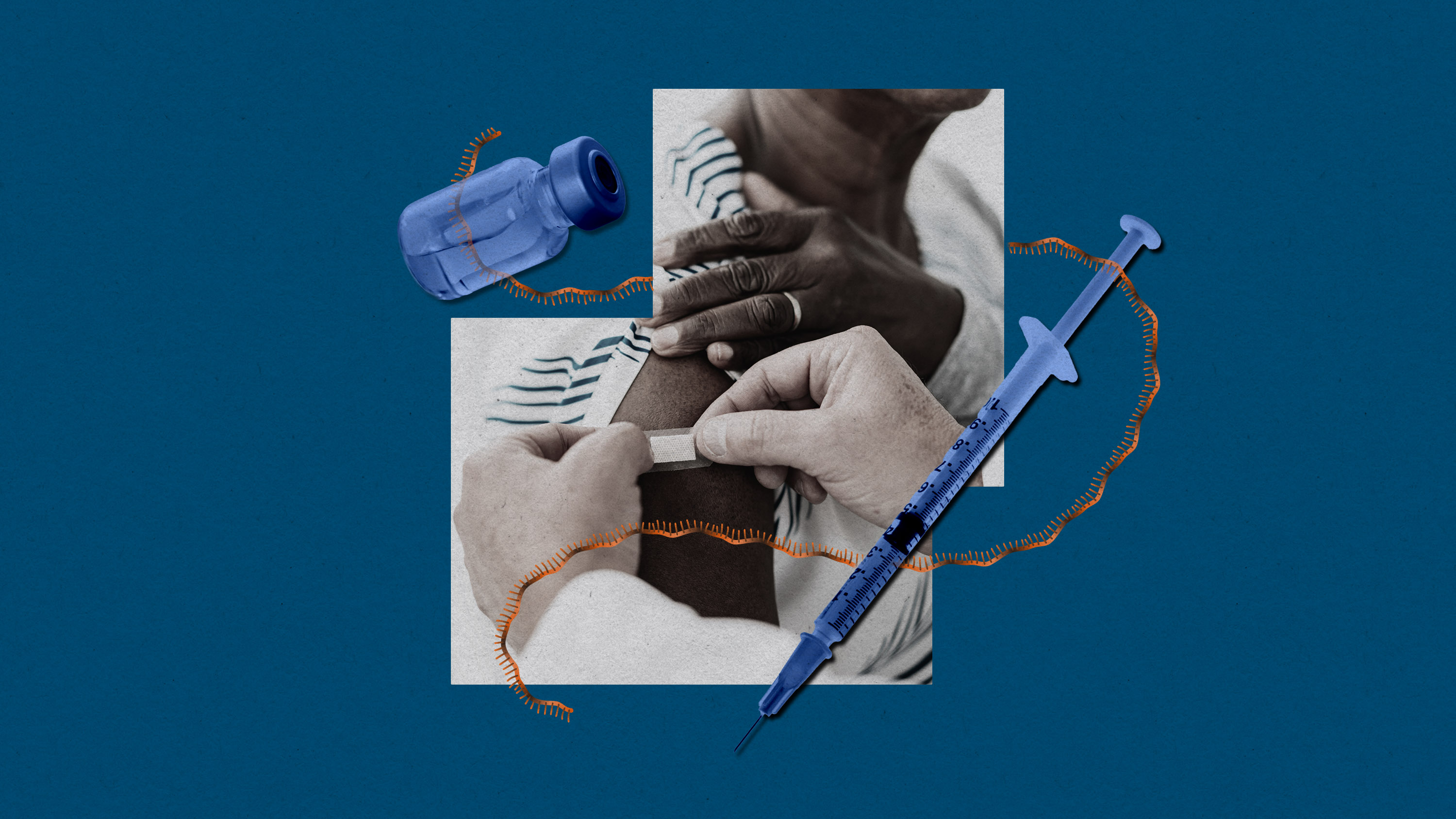 vial, mRNA ribbon and syringe around cropped photo of patient getting band-aid applied to arm