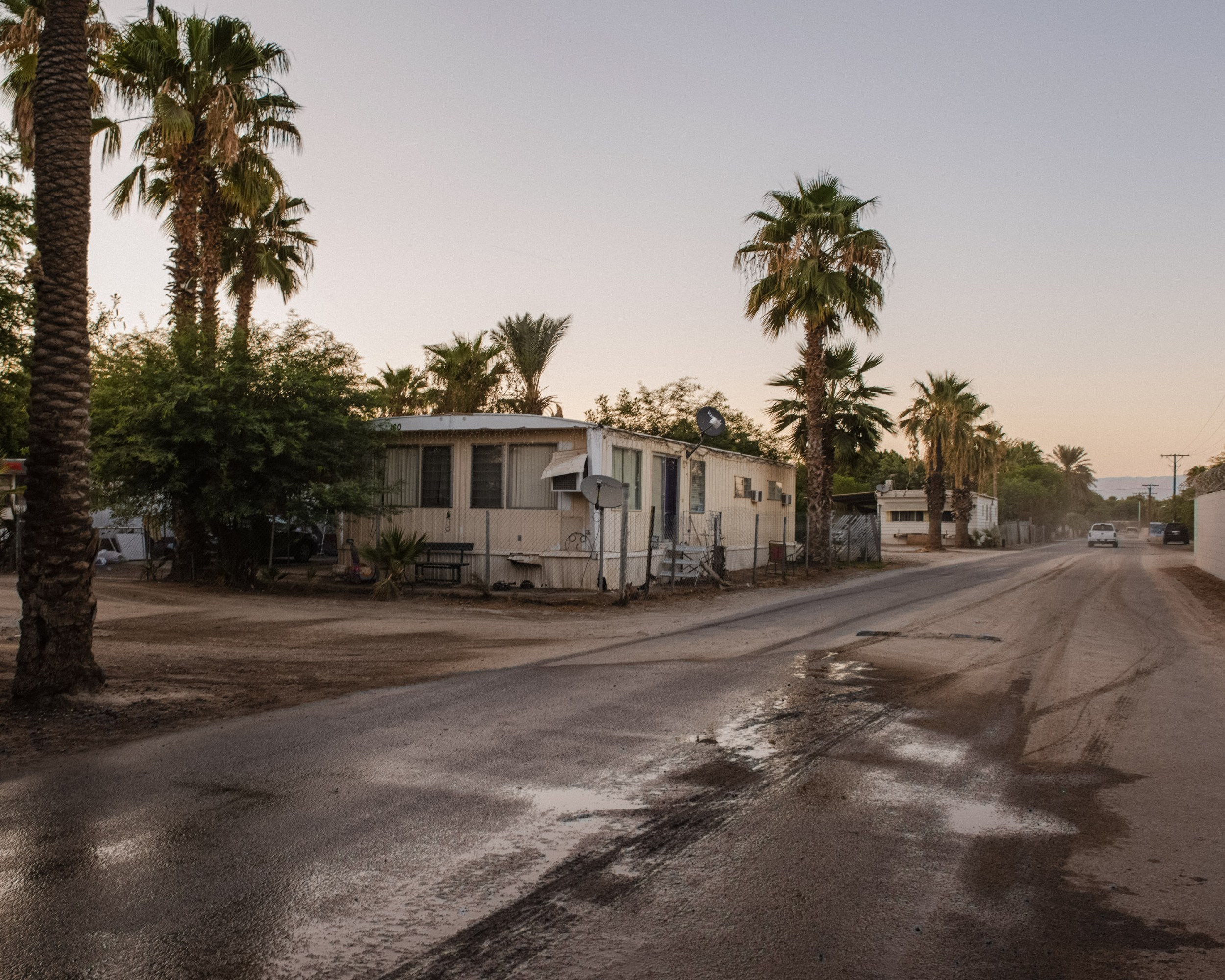 view across an intersection of a mobile home framed by palm trees