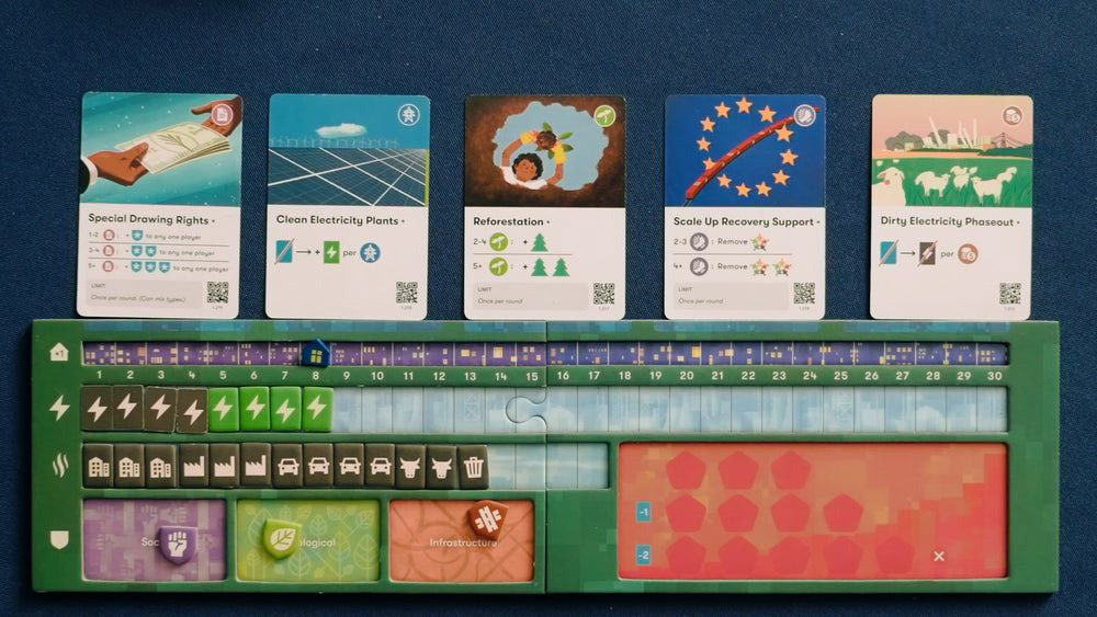 the components of the game Daybreak which has Game cards depicting Special Drawing Rights, Clean Electricity Plants, and Reforestation themed play cards