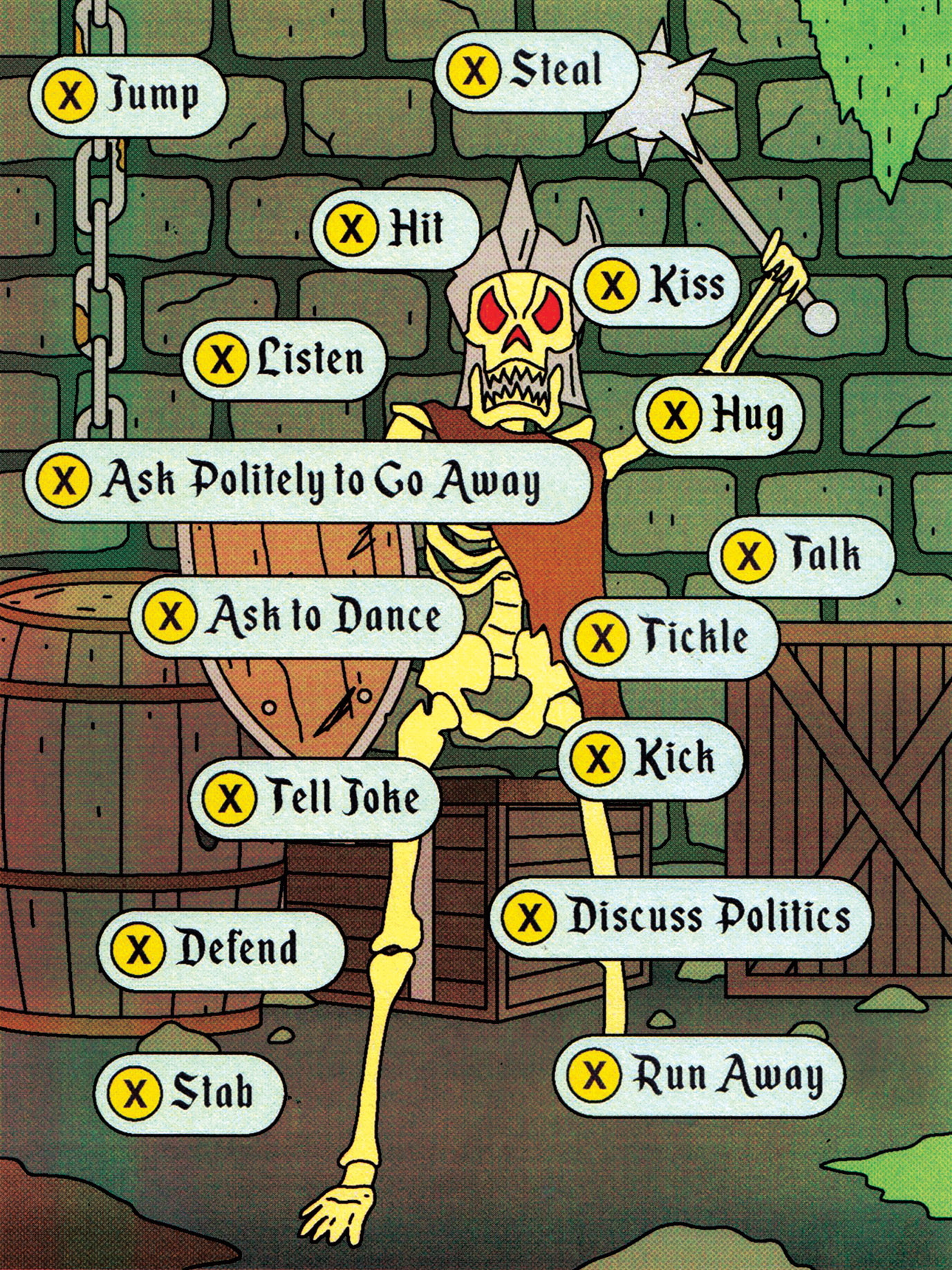 a skeleton wielding a mace is partially obscured by possible interaction cues, such as "Listen," "Kiss," "Ask Politely to go away" and "Tell Joke"