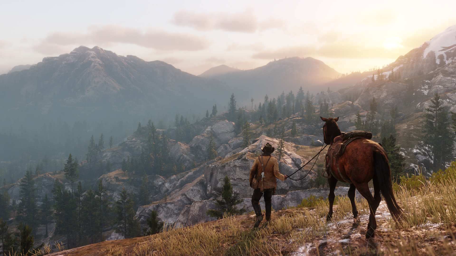 a man leads his horse through mountainous terrain toward a sunrise in Red Dead Redemption 2