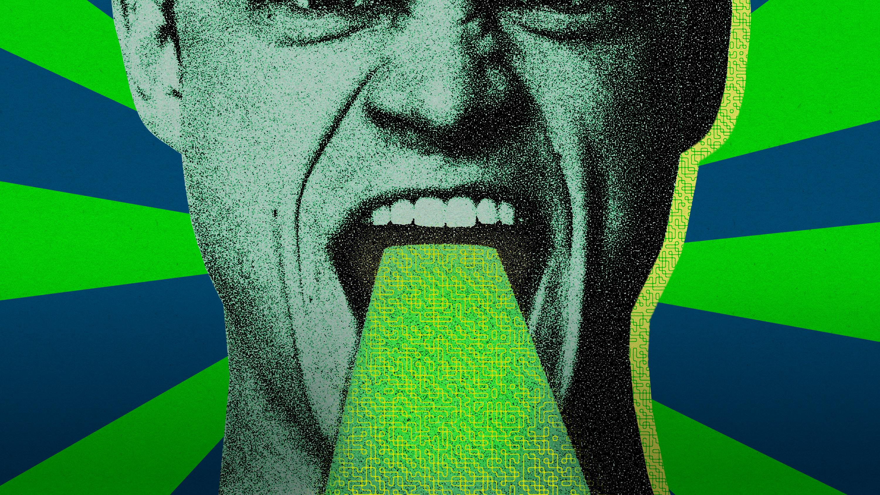 person with digital pattern emitting from mouth in the style of an agit-prop poster