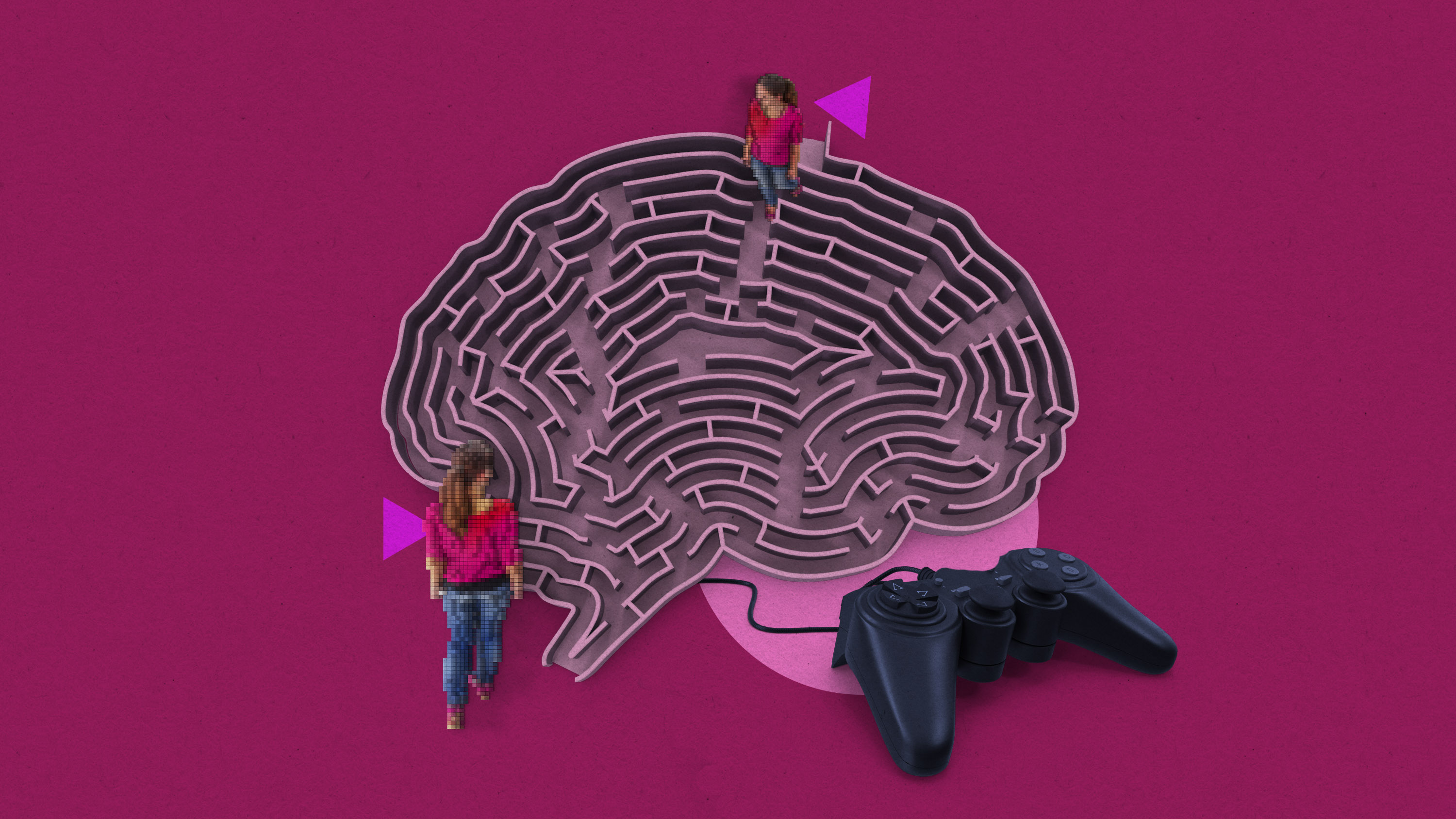 2 instances of a pixelated female character enter a brain shaped maze next to a game controller