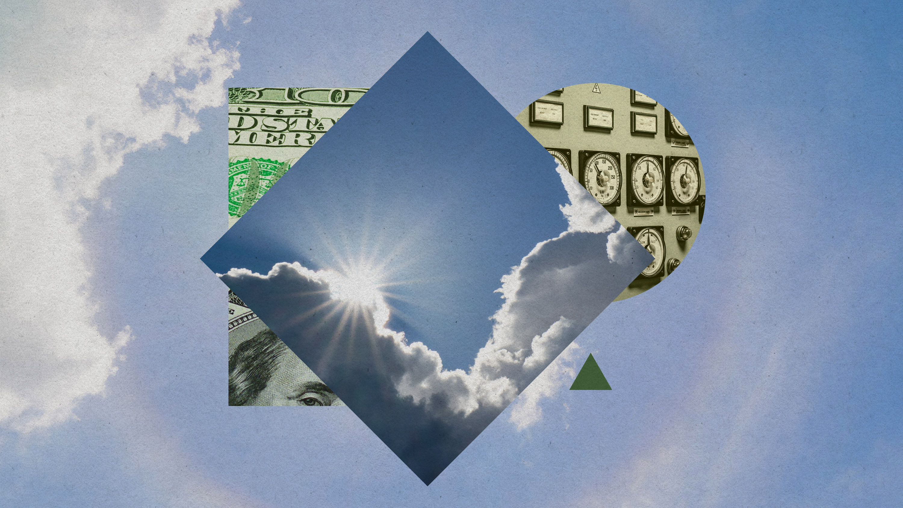 collage of cloudy skies with money and a control panel of knobs and indicators