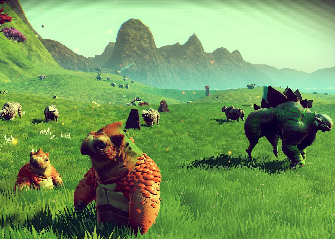 creatures walking in a verdant landscape