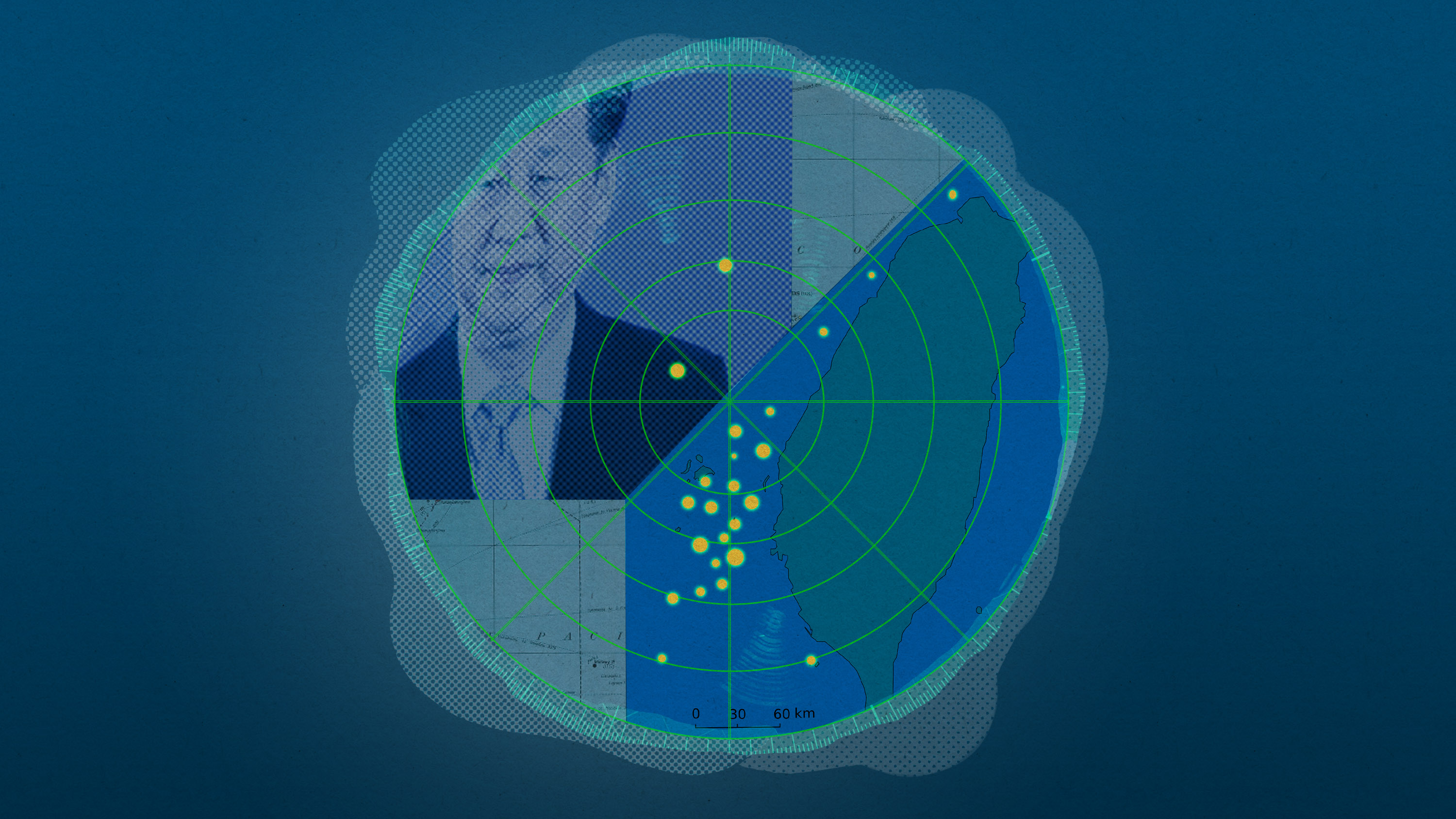 sonar reading a swarm of objects around a map of Taiwan with Xi Jinping to the northwest
