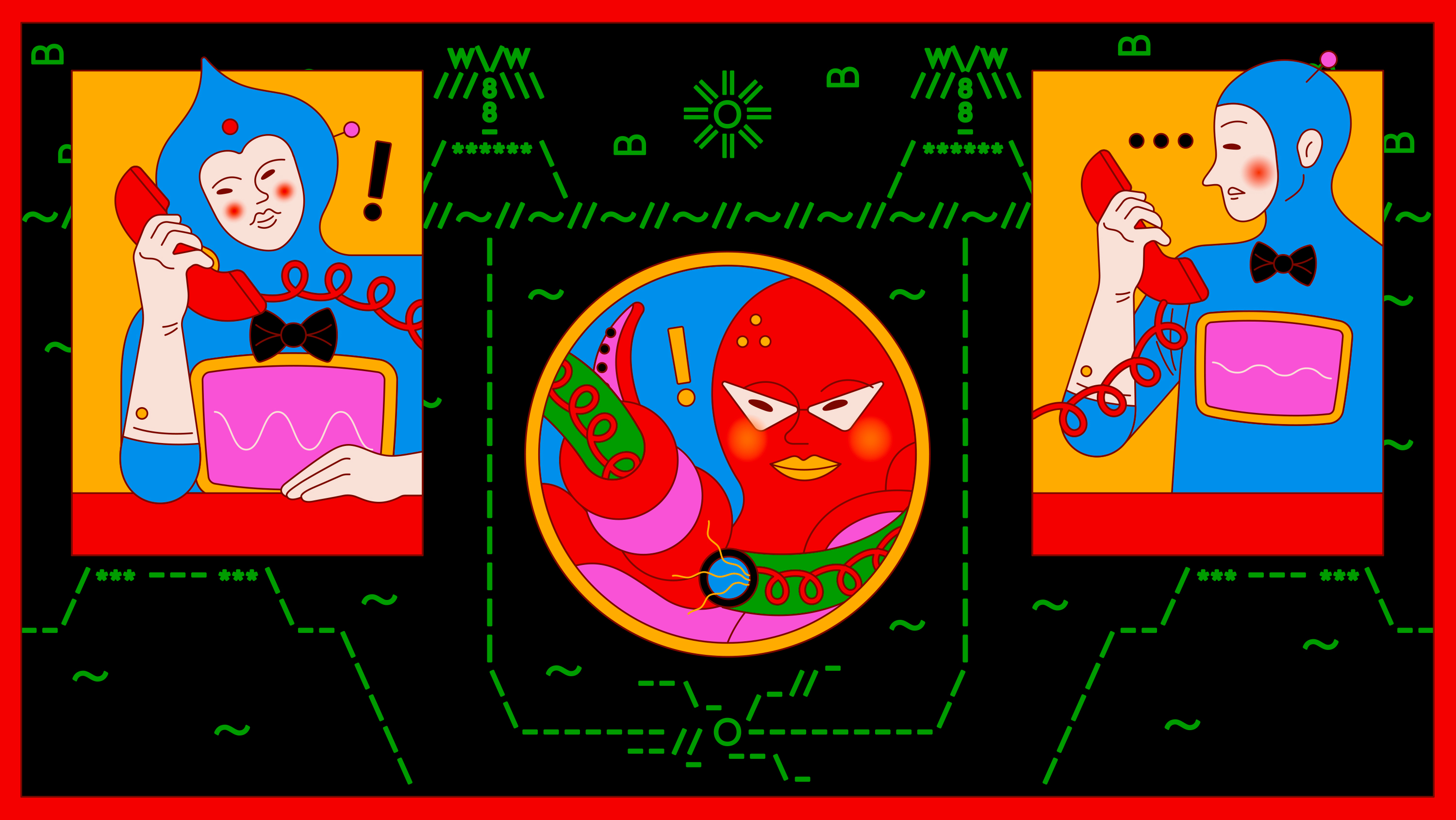 two characters holding landline phone receivers inset at the top left and right of a tropical scene in ascii code. An octopus inset at the bottom between them is tangled in their cable. The top left character continues speaking into the receiver while the top left character looks confused.