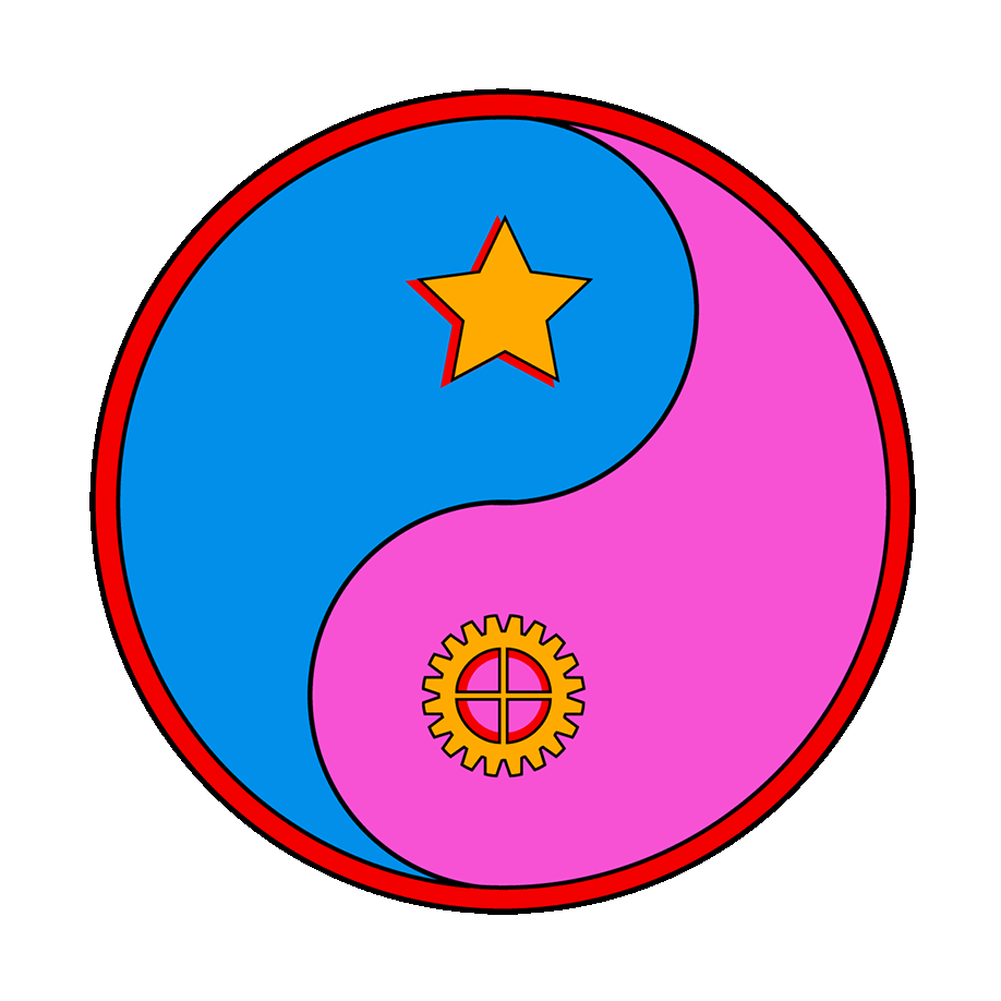 spinning blue and pink version of a yin-yang symbol with the circles replaced by a magic star and a mechanical cog