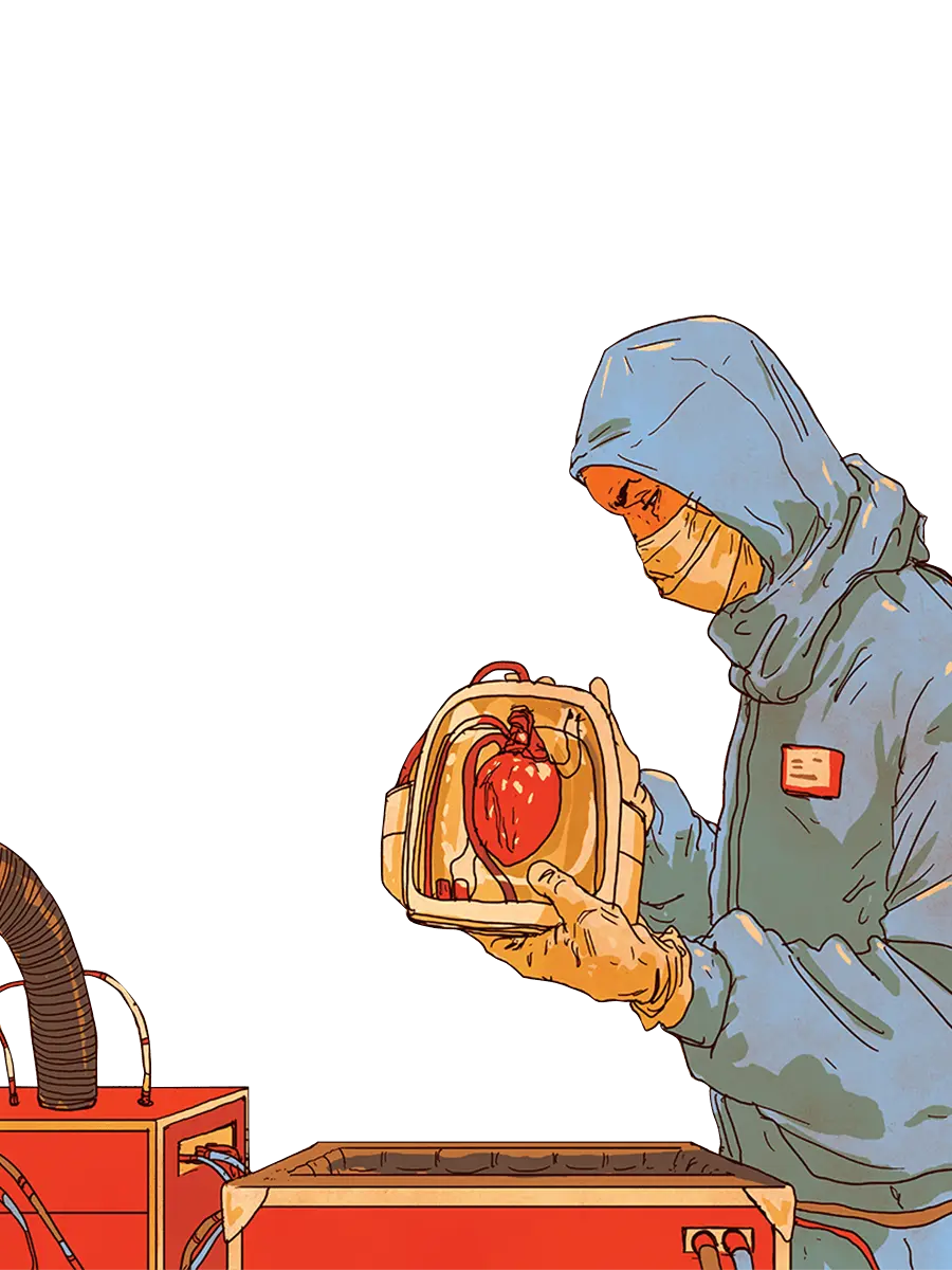 A scientist holding an artificial heart